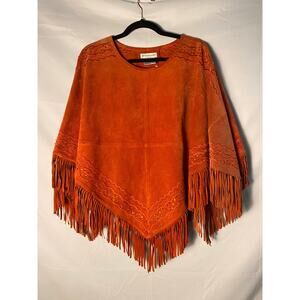 Vintage 1990s Newport News Orange Beaded Poncho w/Suede Fringe